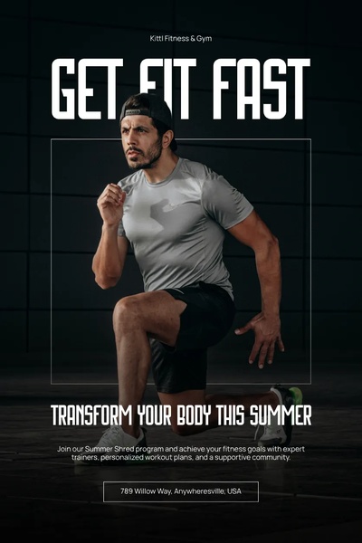 A high-contrast fitness gym advertisement featuring a determined athlete performing a lunge against a dark, industrial background.